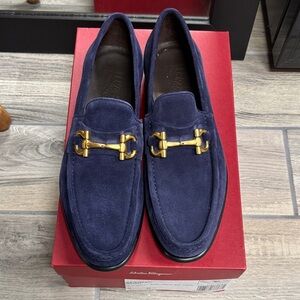 Salvatore Ferragamo Men's Deep Blue Loafers with Gold Accent